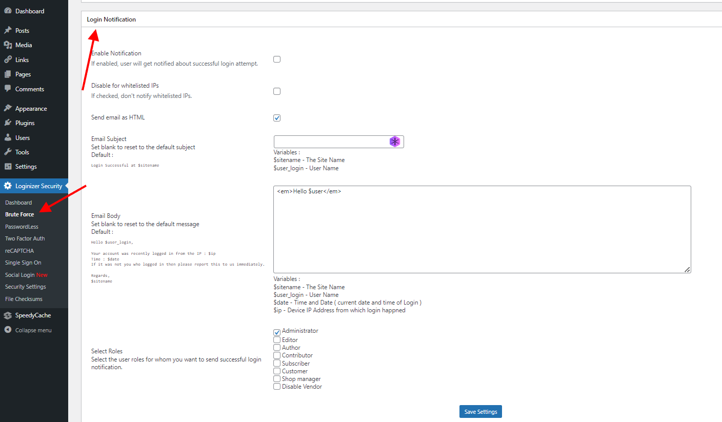 Login Notification settings page Login Notification settings page