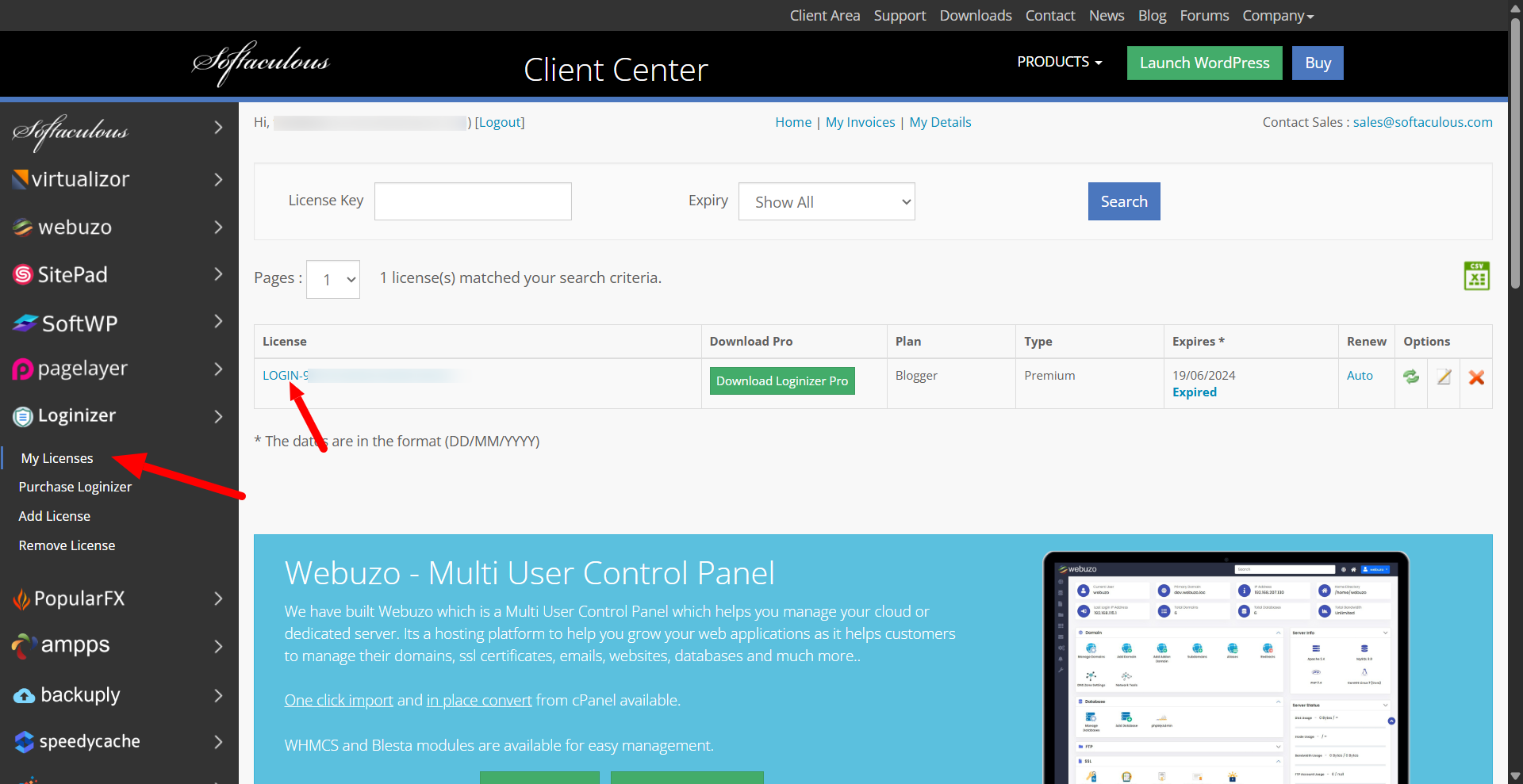 Loginizer License Page Loginizer My License Page, showing the list of licenses