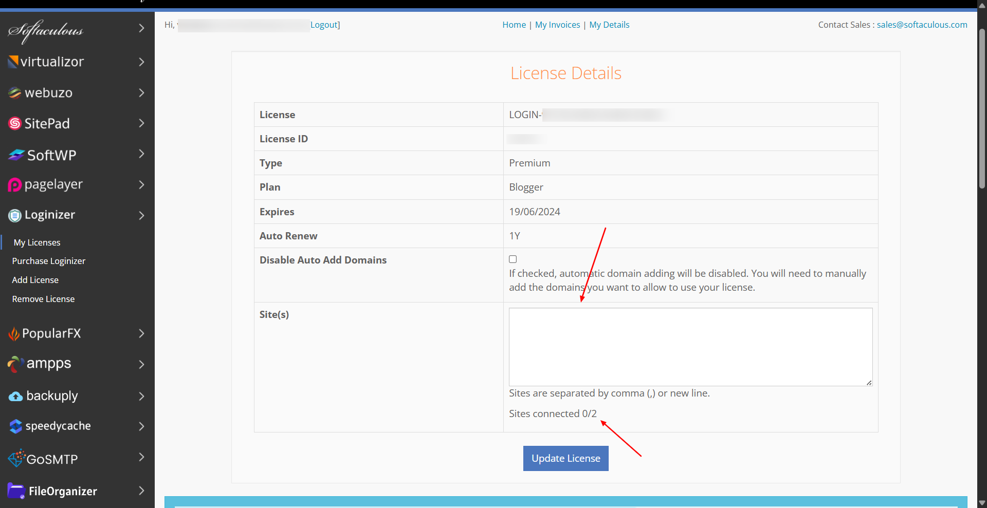 Loginizer License Edit Page Loginizer License Edit Page showing list of sites linked